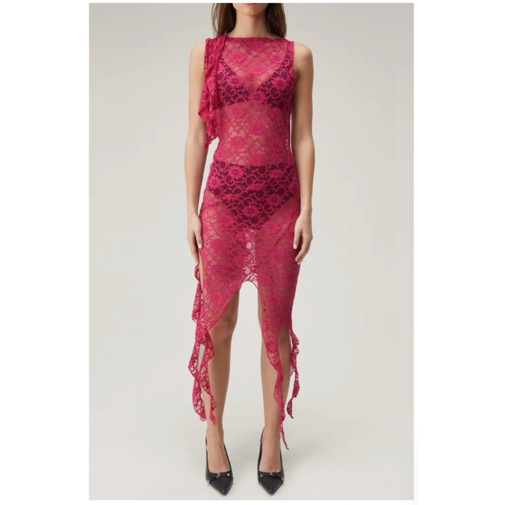 Nasty Gal Pink Sheer Lace Asymmetric Frill Dress, Small